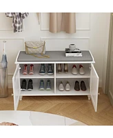 Wooden and white shoe cabinet, 2 seats, versatile and aesthetically pleasing shelves with four cabinets