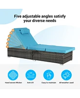 Outdoor chaise lounge set (2) with storage, adjustable backrests, table, cushions