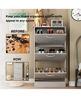 Wooden 3-door grey shoe cabinet, shutter door drawers, multi-purpose shoe rack with adjustable shelves