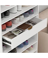 13-tier partition shoe cabinet with adjustable shelves, multifunctional storage, one drawer, spinner wheel design, four wheels, two with brakes, white