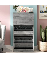 Wooden three-door yellow shoe cabinet, shutter door drawers, multi-purpose rack with adjustable shelves