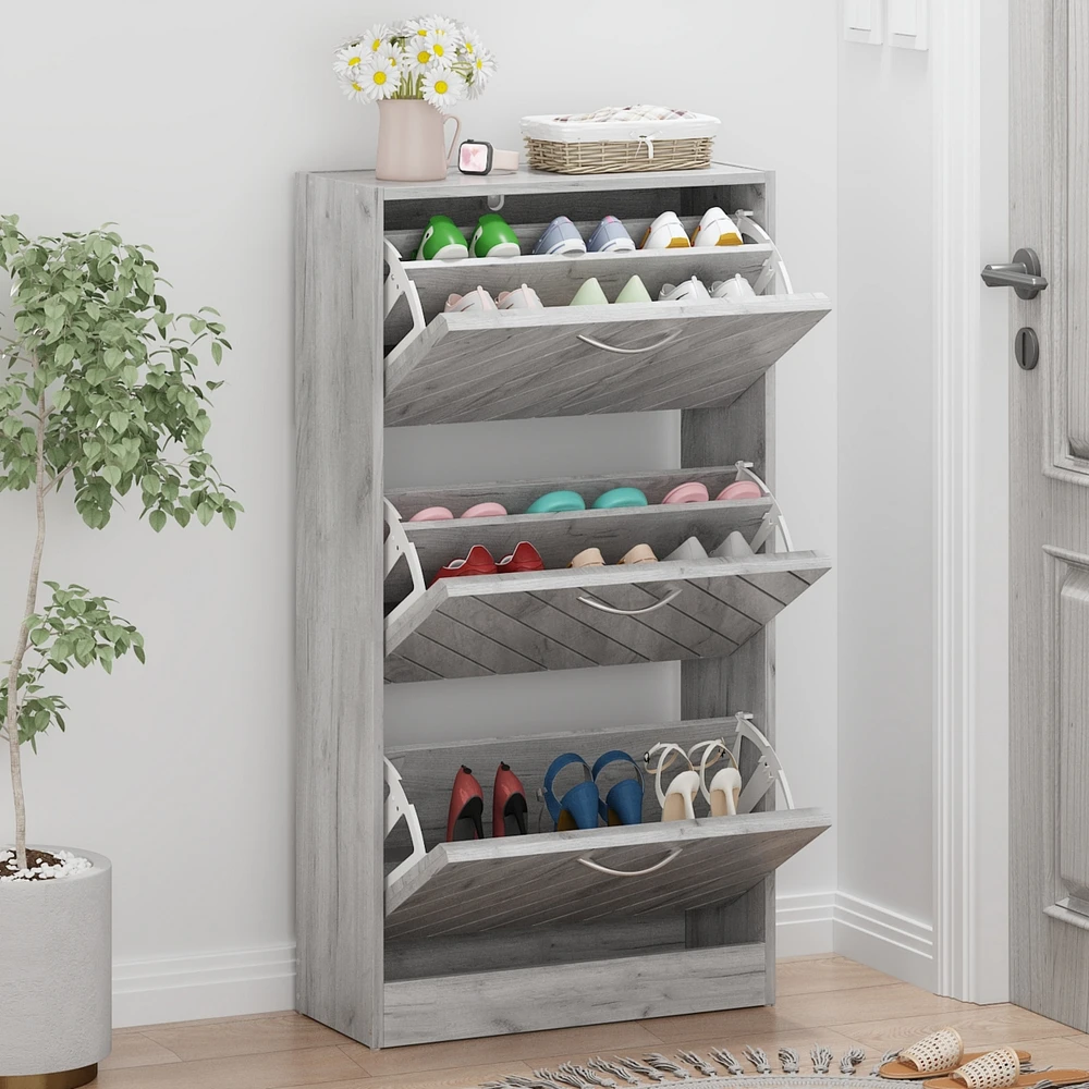 Wooden three-door yellow shoe cabinet, shutter door drawers, multi-purpose rack with adjustable shelves