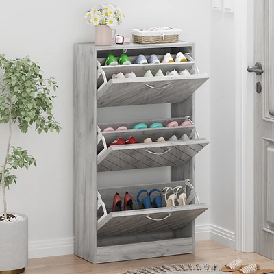 Wooden three-door yellow shoe cabinet, shutter door drawers, multi-purpose rack with adjustable shelves