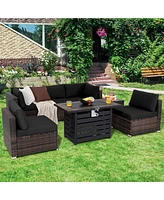 Gymax 7PCS Patio Rattan Furniture Set 42'' Fire Pit Table w/ Cover Cushioned