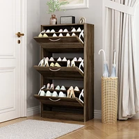 Wooden 3-door yellow shoe cabinet, shutter door drawers, multi-purpose rack with adjustable shelves