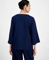 Jm Collection Women's Linen Blend Embroidered-v-Neck Top, Exclusively at Macy's