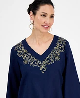 Jm Collection Women's Linen Blend Embroidered-v-Neck Top, Exclusively at Macy's