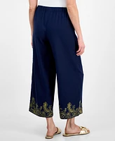 Jm Collection Women's Linen Blend High-Rise Pull-On Embroidered-Hem Pants, Exclusively at Macy's