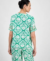 Jm Collection Women's Printed Split-Neck Short-Sleeve Top, Exclusively at Macy's