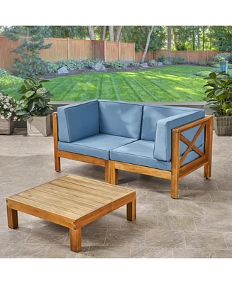 Teak Acacia Wood Outdoor Set, 2 Armchairs & Coffee Table - Blue