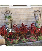 Steel 2-Piece Arched Garden Trellis for Climbing Plants with 3 Folding Flowerpot Supports