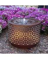 Metal Cylinder Bubbler Outdoor Water Fountain - 14.25-Inch - Features Led Lights and Repeating Squares Pattern