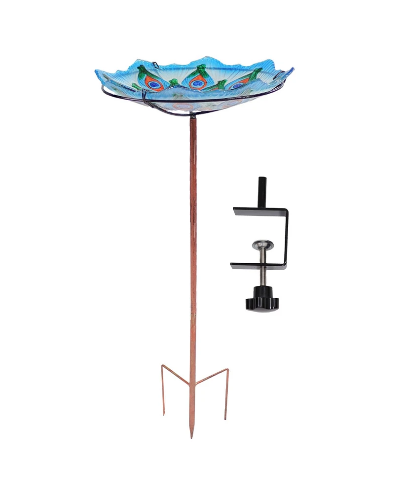 Glass Bird Bath Bowl - 11" Diameter - Includes Deck Clamp and Staked Stand - Exquisite Feathers