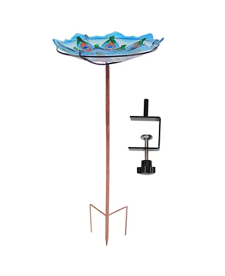 Glass Bird Bath Bowl - 11" Diameter - Includes Deck Clamp and Staked Stand - Exquisite Feathers