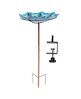 Glass Bird Bath Bowl - 11" Diameter - Includes Deck Clamp and Staked Stand - Exquisite Feathers