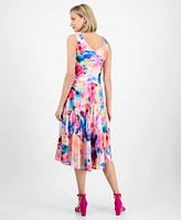 Robbie Bee Women's Floral-Print Cowlneck Fit & Flare Midi Dress