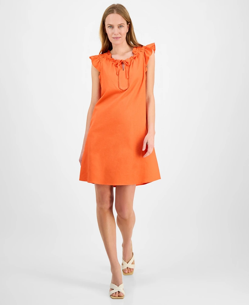 Robbie Bee Women's Ruffled-Sleeve Split-Neck Shift Dress