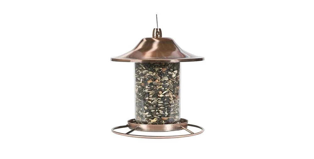 Copper Bird Feeder with Plastic Seed Reservoir Tube and Circular Perch for Outdoor Birds