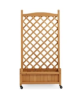 48" Raised Garden Bed with Trellis, Wooden Diamond Lattice for Climbing Plants and Planter box with Drainage Holes and Wheels