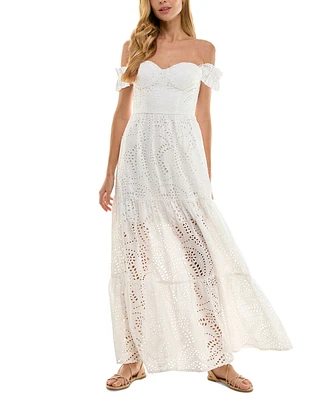 Juniors' Off-The-Shoulder Eyelet Maxi Dress