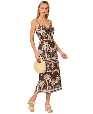 Adrianna by Papell Women's Cotton Palm-Print Sweetheart Midi Dress