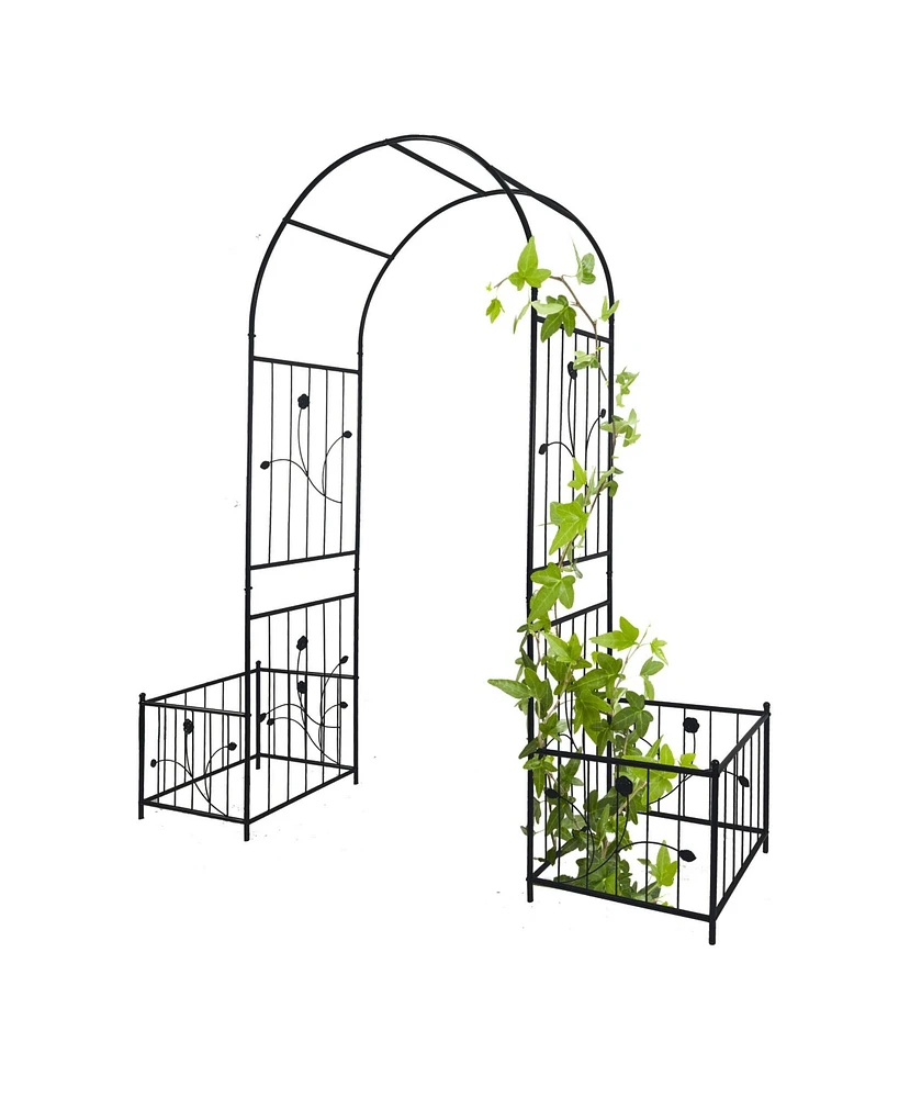 Metal Garden Arch with two plant stands 79.5'' Wide x 86.6'' High Climbing Plants Support Rose Arch Outdoor Black