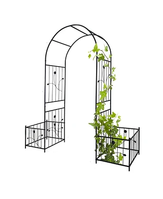 Metal Garden Arch with two plant stands 79.5'' Wide x 86.6'' High Climbing Plants Support Rose Arch Outdoor Black