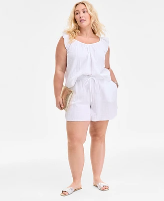 On 34th Plus Cotton Gauze Drawstring Curved Shorts, Exclusively at Macy's