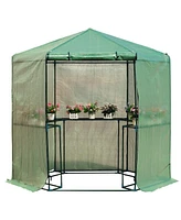 Outdoor Hexagon Greenhouse 6.5 x 7 Ft with Steel Frame Pe Cover and Shelves