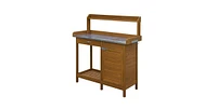 Outdoor Home Garden Potting Bench with Metal Table Top and Storage Cabinet