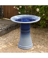 LuxenHome Blue Waves 18-Inch Tall Ceramic Birdbath
