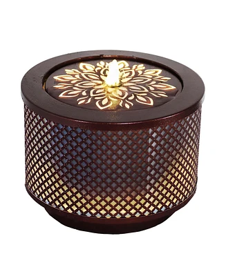 Metal Cylinder Bubbler Outdoor Water Fountain - 11.75-Inch - Features Led Lights and Repeating Diamonds Pattern