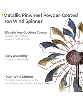 Metallic Pinwheel Metal Garden Wind Spinner - Removable Pole Sections for Adjustable Height - Dual-Motion Blades - 360-Degree Swivel