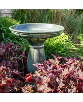 Avignon Outdoor Ceramic Bird Bath - 18.75" H - Uv- and Frost-Resistant - Pedestal Design - Green Mist
