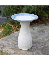 LuxenHome Blue Rim Feather-Pattern White Ribbed 20-Inch Tall Ceramic Birdbath
