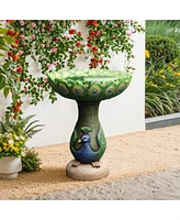 LuxenHome Blue and Green Peacock 20.5-Inch Tall Resin Birdbath