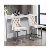 Set of 2 Counter Height Bar Stools Modern Velvet Barstools with Button Back Rivet Trim and Sturdy Chromed Metal Base for Kitchen Island-The Pop Home