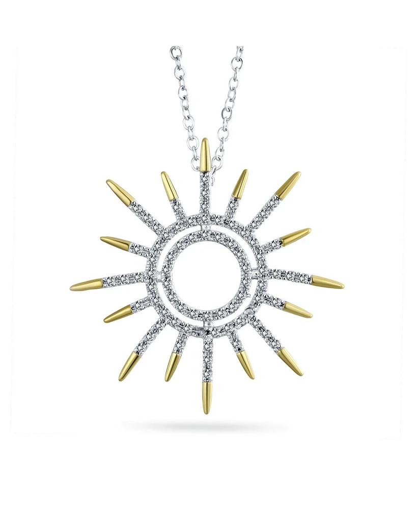 Bling Jewelry Summer Flaming Sunshine Two Tone Micro Pave Cz Starburst Celestial Sunburst Pendant Necklace 14K Gold Brass