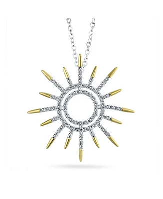 Bling Jewelry Summer Flaming Sunshine Two Tone Micro Pave Cz Starburst Celestial Sunburst Pendant Necklace 14K Gold Brass