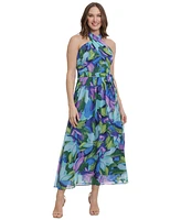 London Times Women's Floral-Print Wrap-Neck Tie-Front Halter Maxi Dress