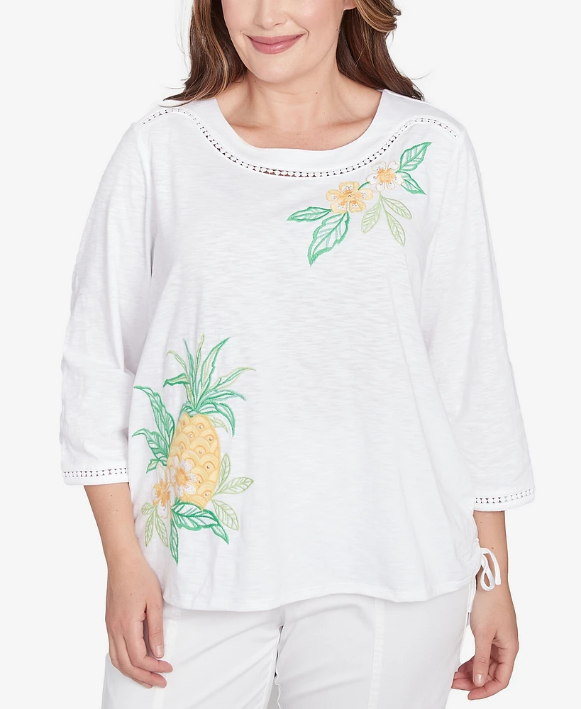 Alfred Dunner Plus Rise and Shine Embroidered Pineapple Top