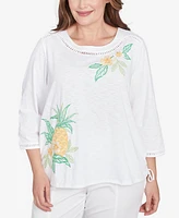 Alfred Dunner Plus Rise and Shine Embroidered Pineapple Top