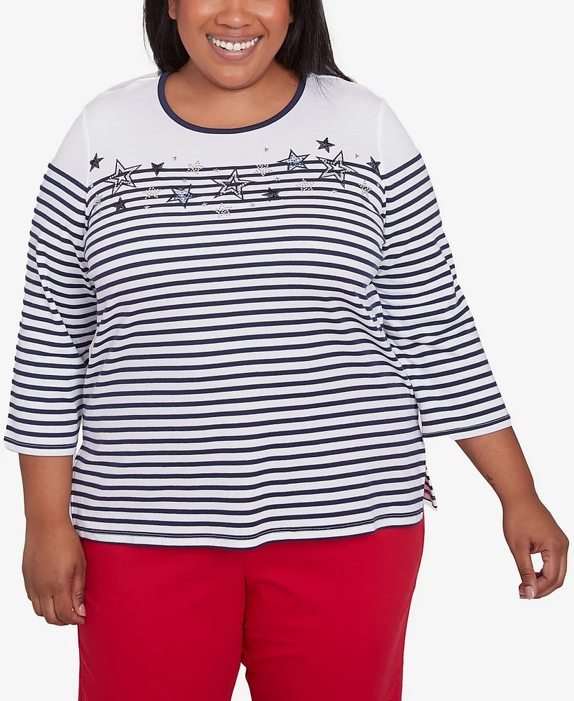 Alfred Dunner Plus Land of The Free Striped Star-Studded Crew Neck Top