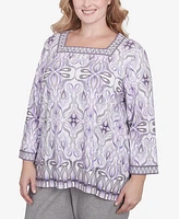 Alfred Dunner Plus Crystal Springs Border Square Neck Top