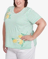 Alfred Dunner Plus Rise and Shine Lemon Printed Striped Top