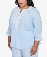 Alfred Dunner Plus St. Thomas Embroidered Sky Blue Top