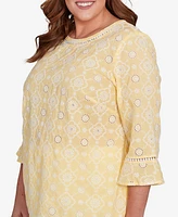 Alfred Dunner Plus Rise and Shine Embroidered Floral Eyelet Bell Sleeve Top