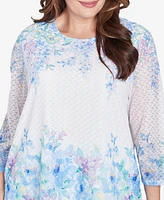 Alfred Dunner Plus St. Thomas Textured Sky Blue Floral Border Top