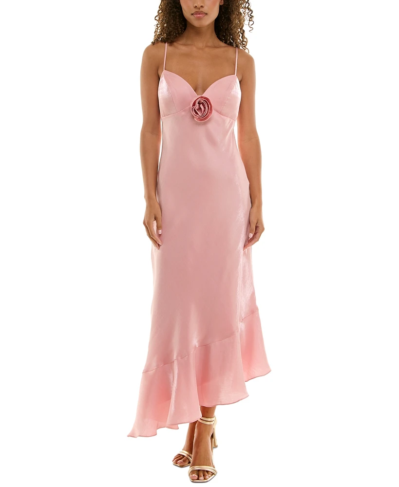Alex & Sophia Juniors' Satin Rosette Asymmetric Midi Dress