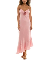 Alex & Sophia Juniors' Satin Rosette Asymmetric Midi Dress